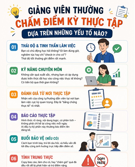 Giảng viên thường chấm điểm kỳ thực tập trên yếu tố nào ?
